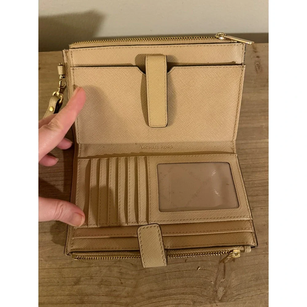 Michael Kors Adele Double Zip Wristlet Beige Saffiano‎ Leather Wallet Clutch